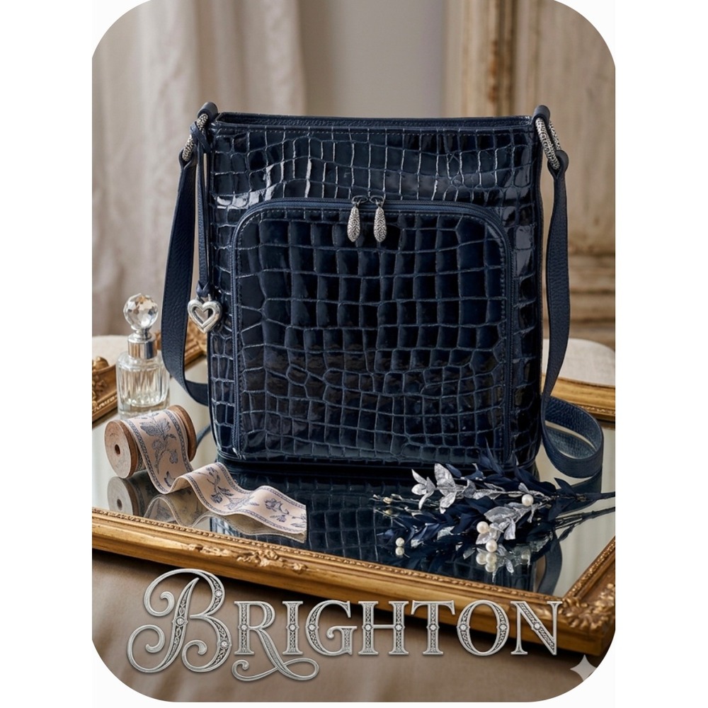 Brighton Navy Blue Croc Embossed Leather Crossbody Organizer Bag D888069